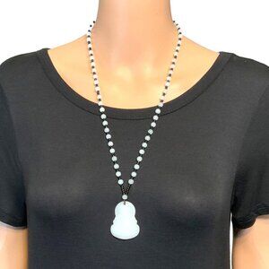 Faux Jade Buddha Pendant Necklace With Black & White Beaded